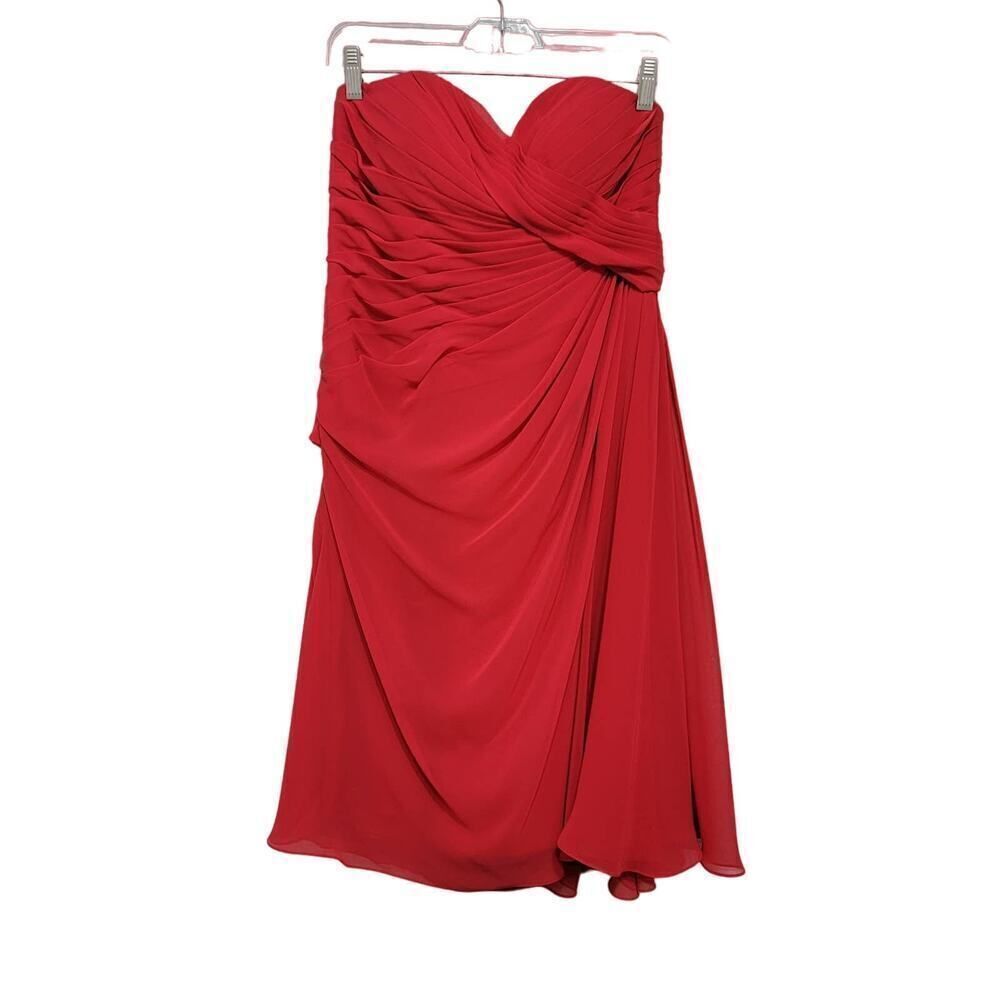 Mori Lee Strapless Red Chiffon Faux Wrap Mini Dress Cocktail Size 14